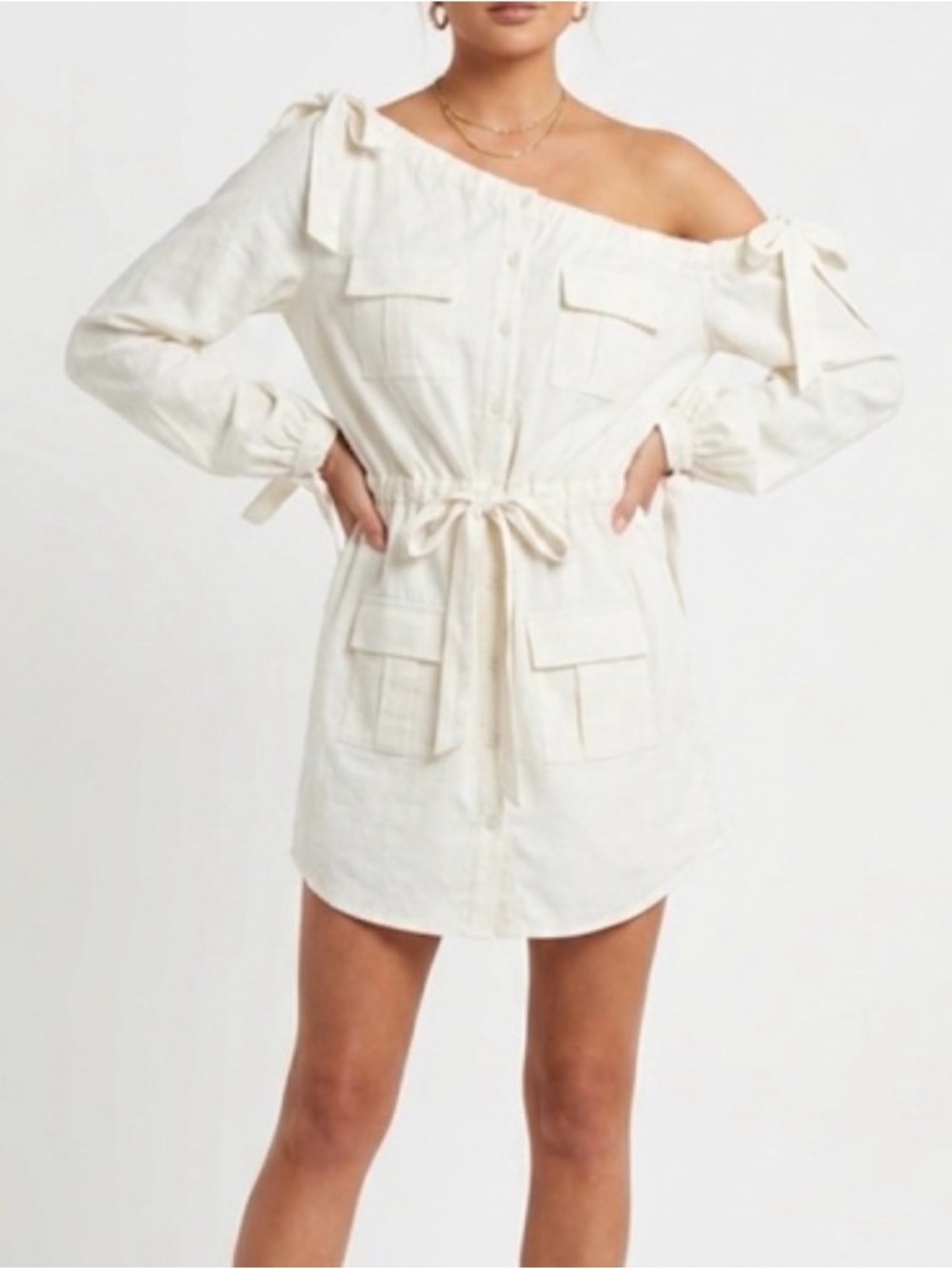 Chrissy Teigen x REVOLVE off-the-shoulder Cream Mini Dress size large - Picture 14 of 14